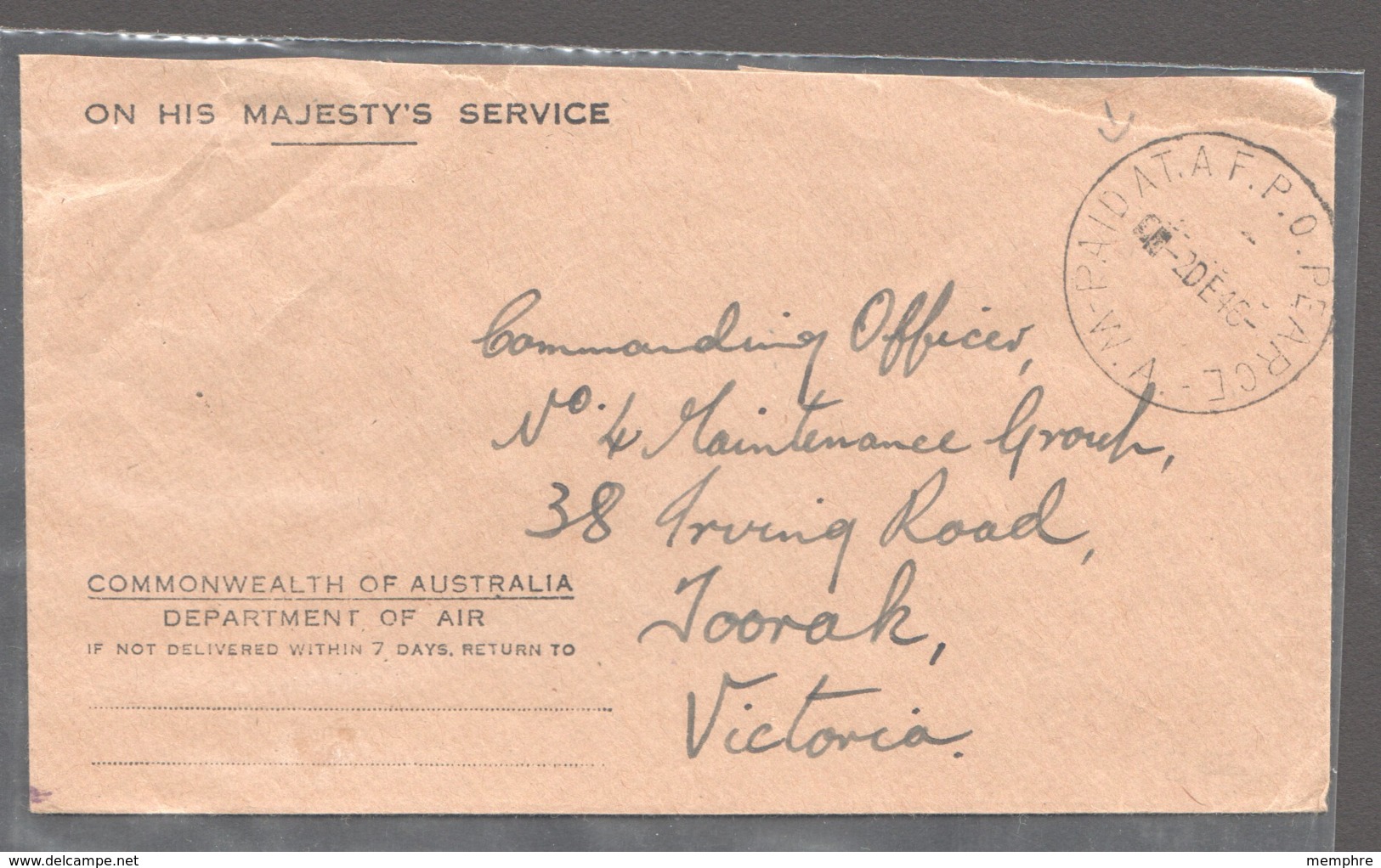 Military 1946 OHMS Enveloppe  No Stamp- Cancelled «Paid At A.F.P.O.  Pearce W.A.» To Toorah, VIC - Storia Postale