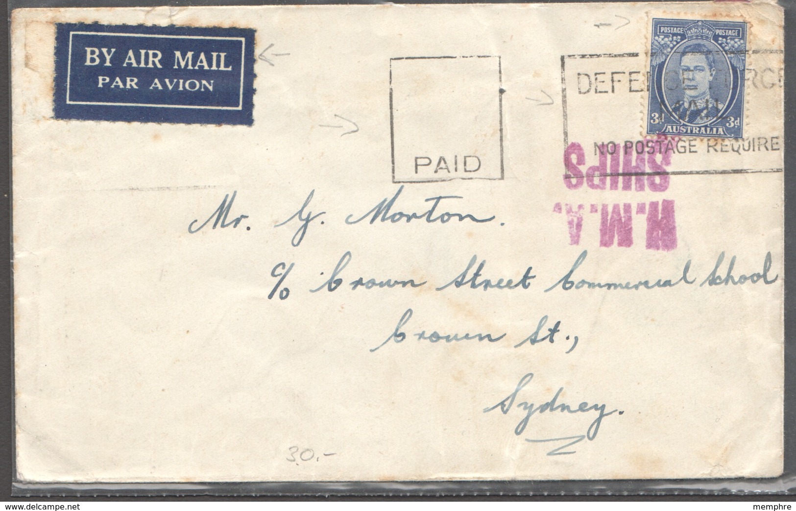 Military Air Letter From HMA Ship 3d.  Die III RARE Blackout Slogan Cancel: «Defense Force Mail - No Postage Required» - Covers & Documents