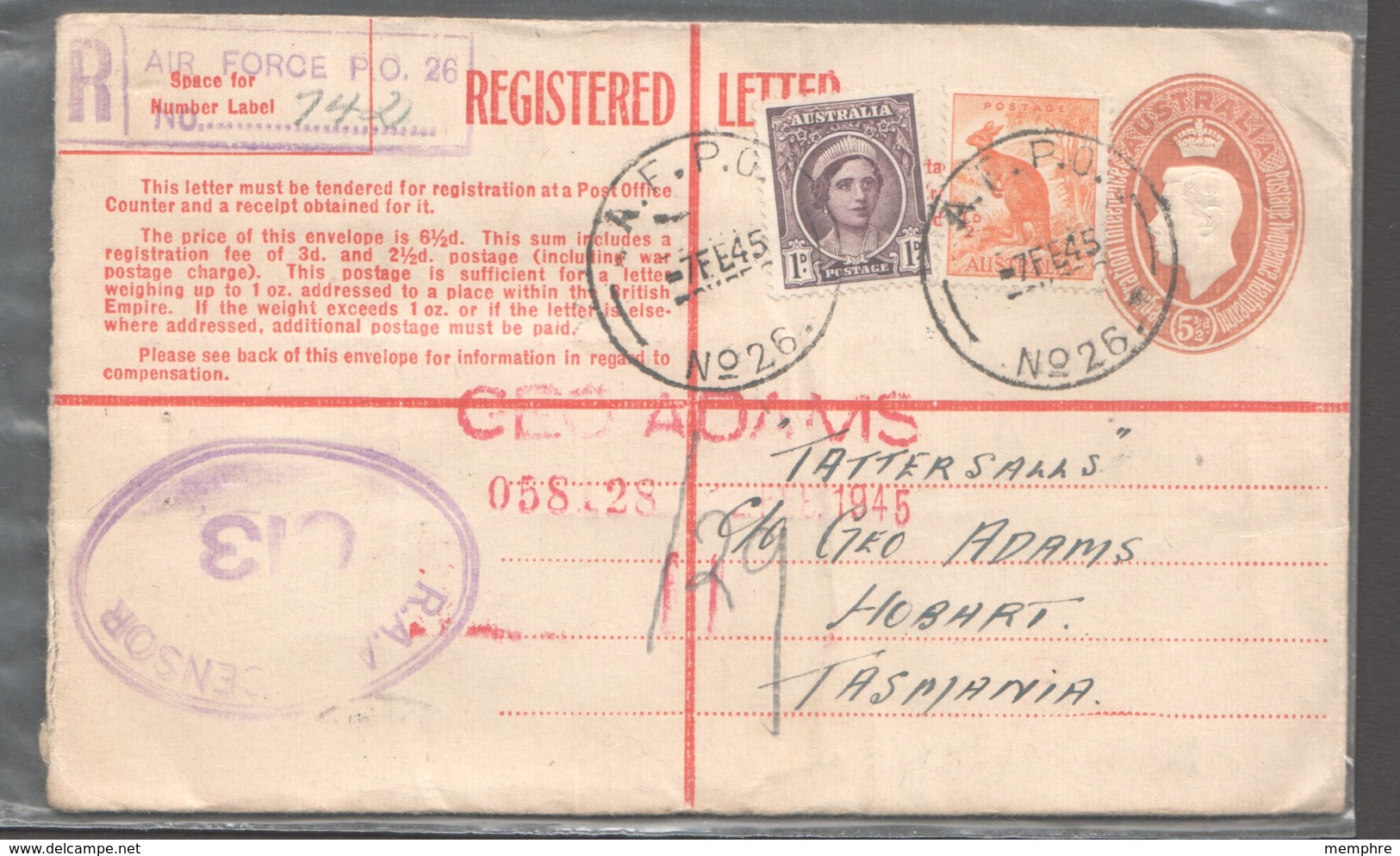 Military 1945  Censored 5½d. Registered Envelope Uprated 1½d  A.F. P.O. No 26 Gorrie Airfield NT To Tattersalls - Storia Postale