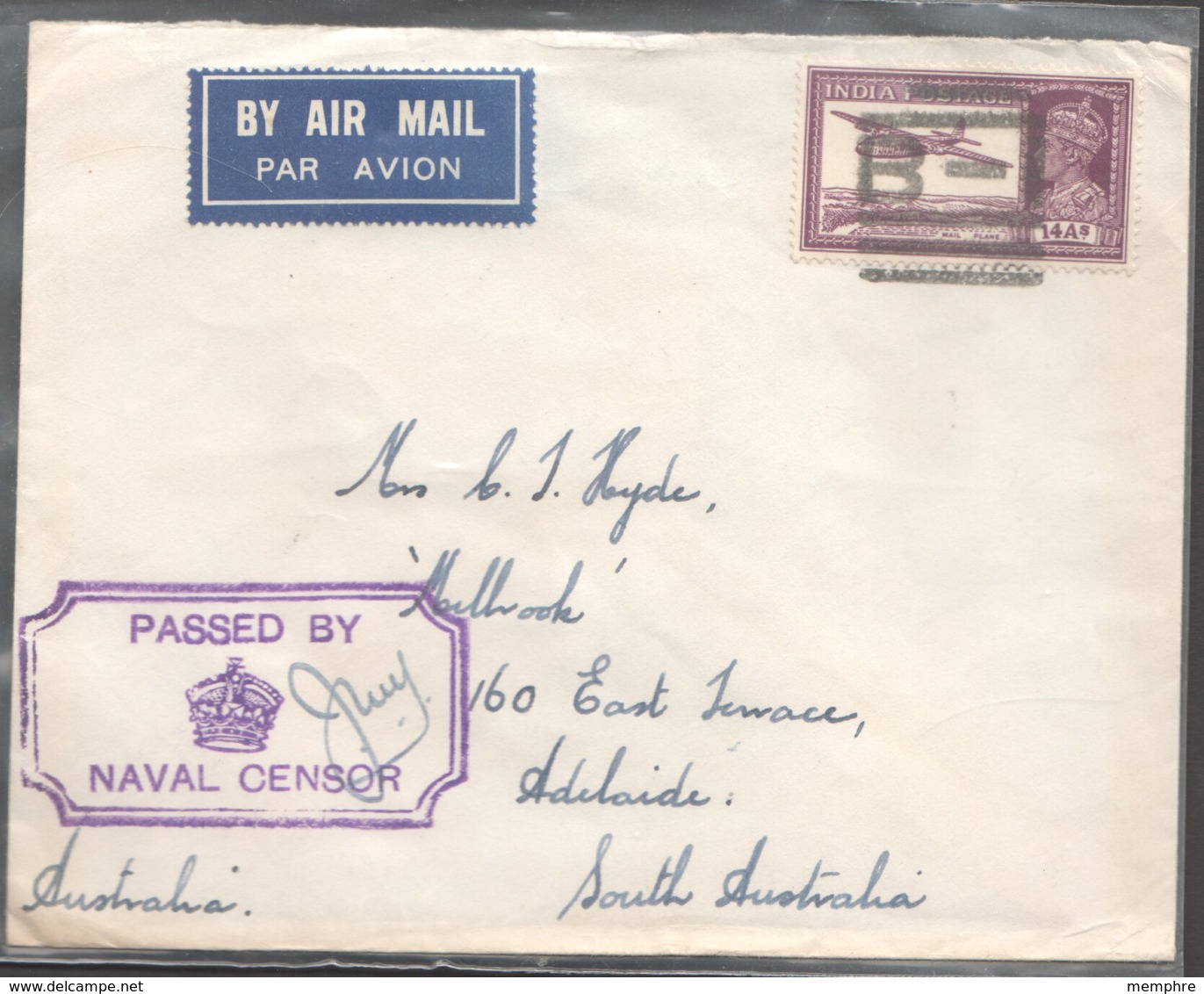 War Time Censored  Air Letter From Indian Navy To Australia Blackout Cancel B- 14As SG 277 - 1936-47 King George VI