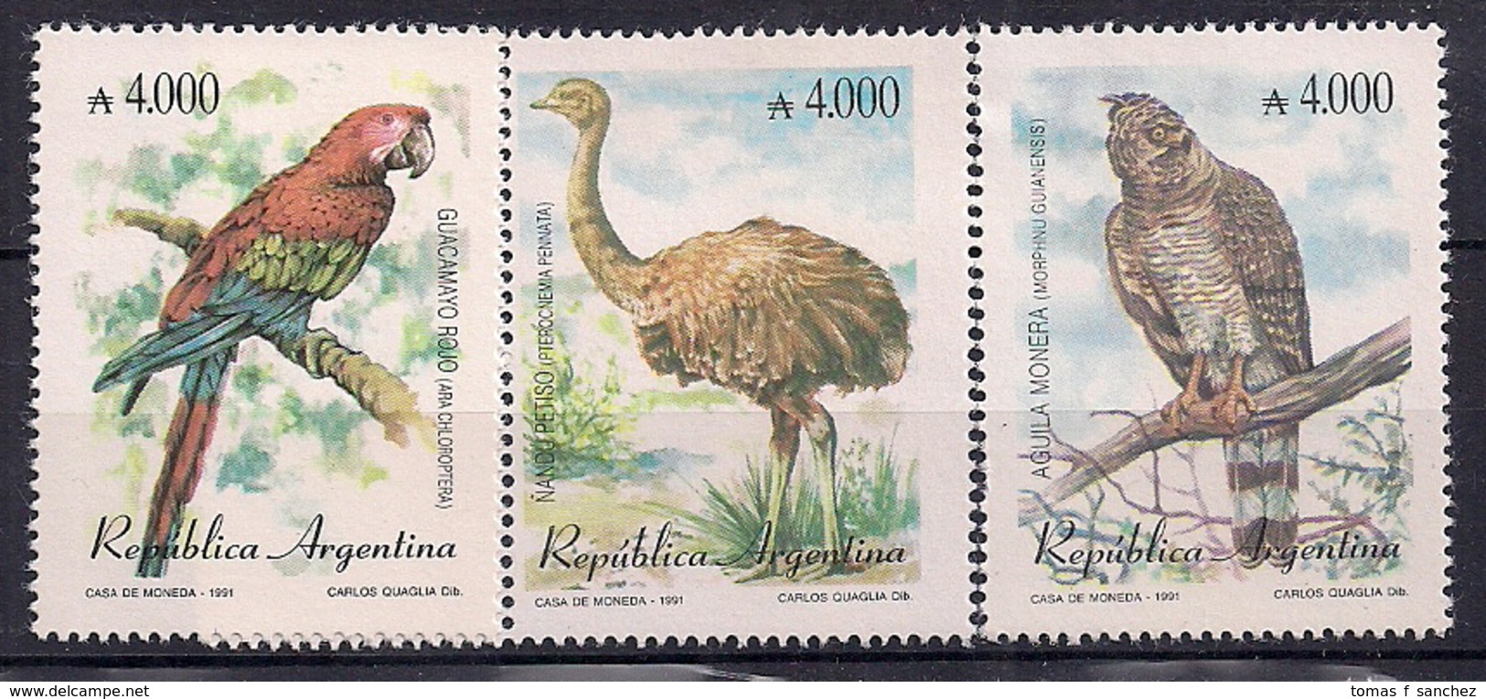 Argentina -  1989 - Oiseaux D'Argentine - Aguila Morena - Ñandu Petiso - Guacamayo Rojo - Neufs