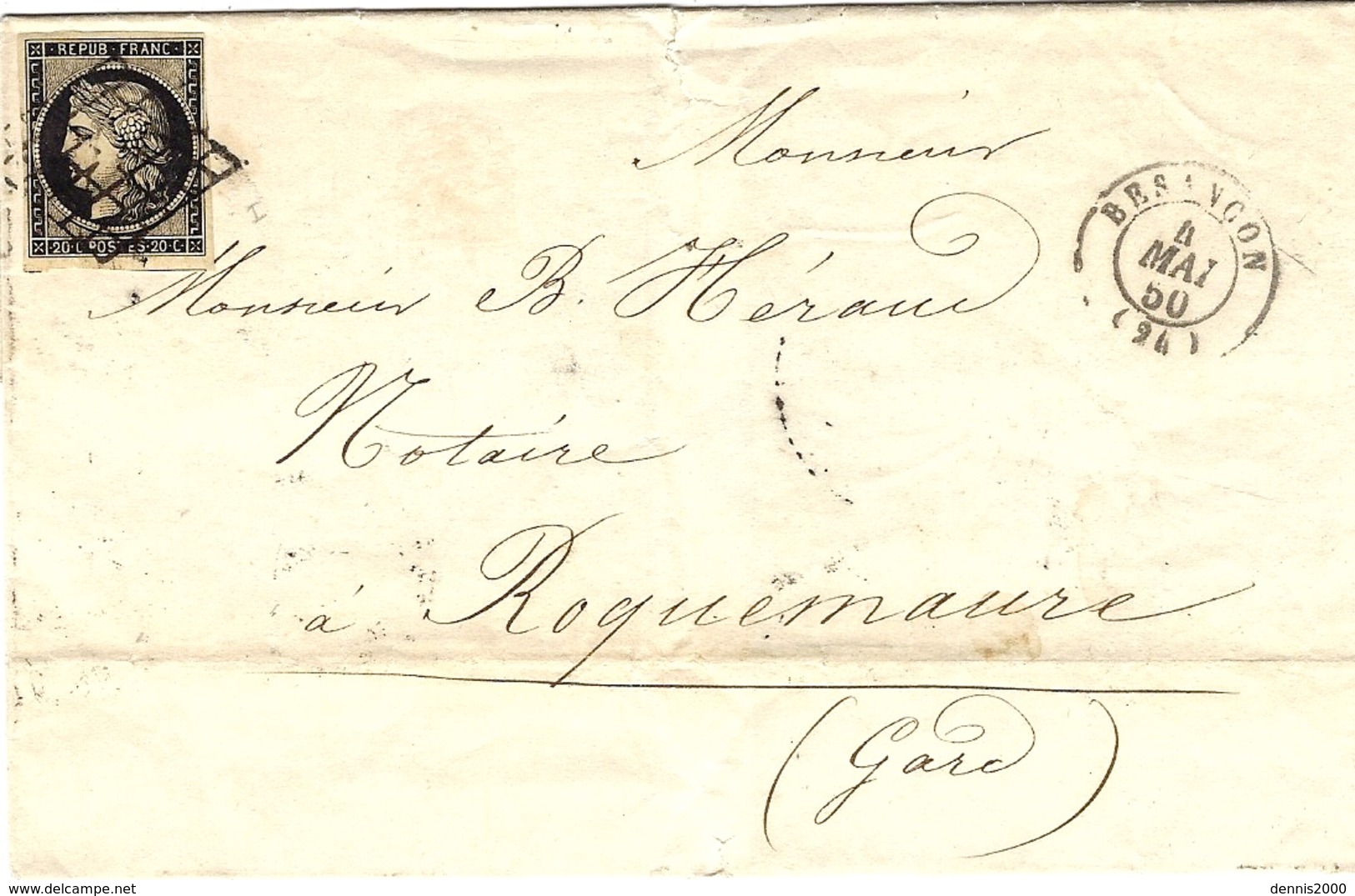 1850- Enveloppe De Besançon ( Doubs ) Cad T15 Affr. N°3  ( 4 Marges )  Oblit. Grille - 1801-1848: Vorläufer XIX