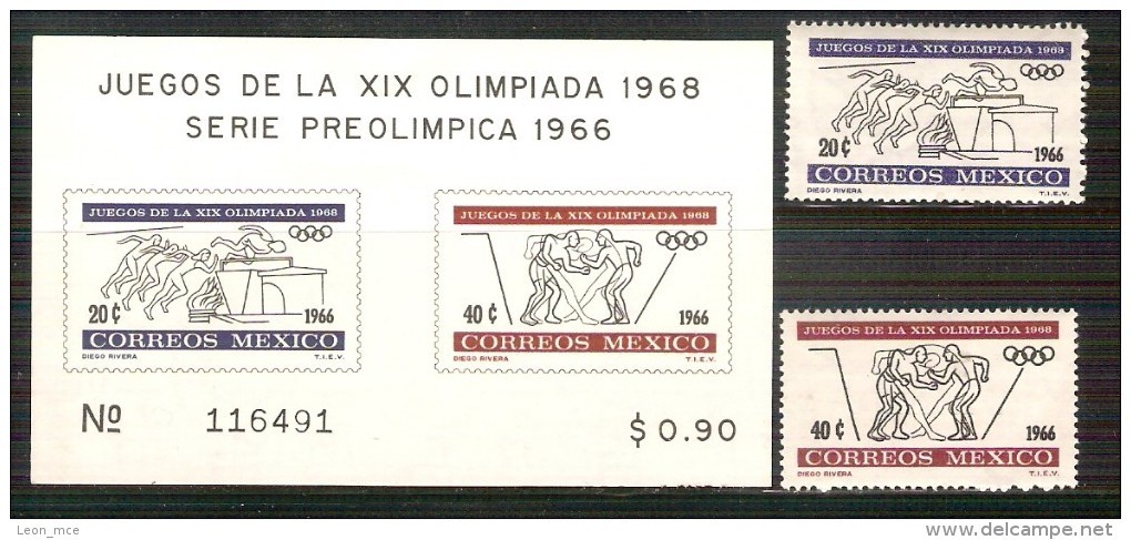 1966 Serie Pre Olímpica México 68 Diseños DIEGO RIVERA  Painter Pre-Olympic Designs 2 STAMPS + SOUVENIR SHEET - Mexico