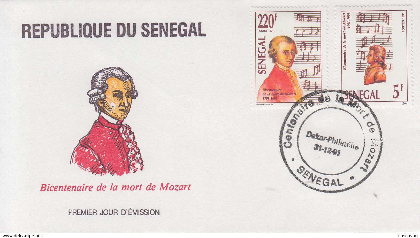 Enveloppe  FDC   1er   Jour   SENEGAL   Bicentenaire  De  La  Mort  De   MOZART   1991 - Musique