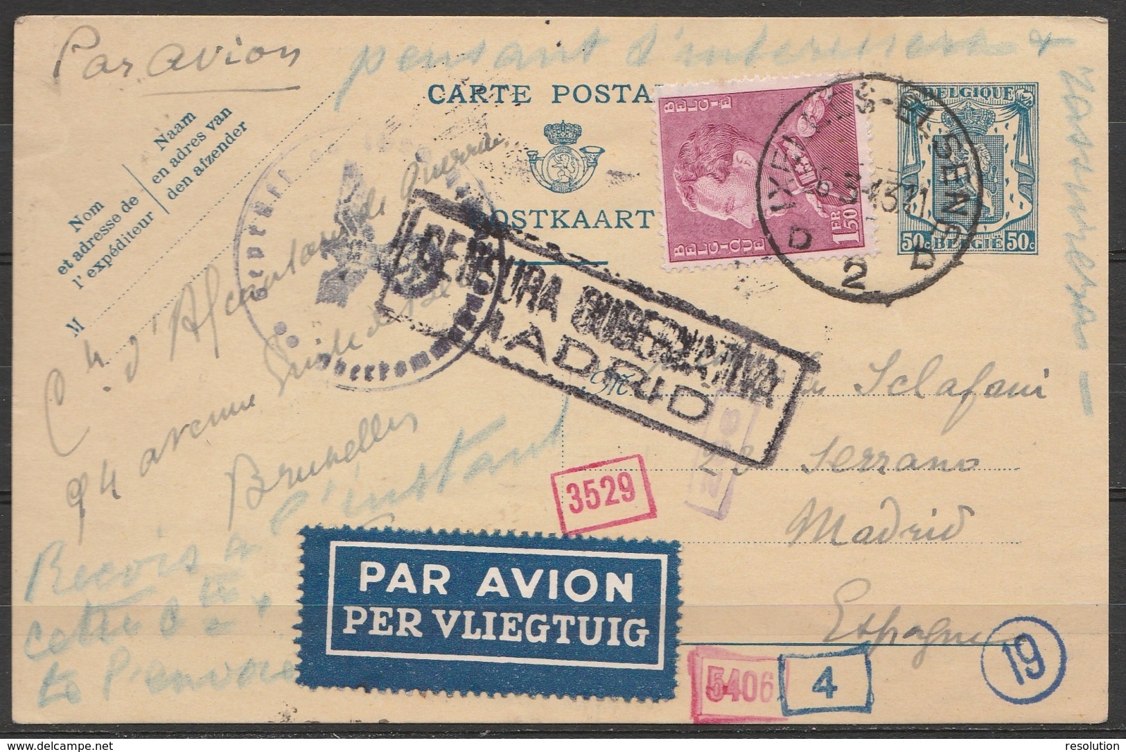 EP 50c Bleu + N°429 Càd IXELLES D2/ 26-3-1943 Par Avion Pour MADRID - Cachets Censures Allemande Et Espagnole [CENSURA G - 1936-1951 Poortman