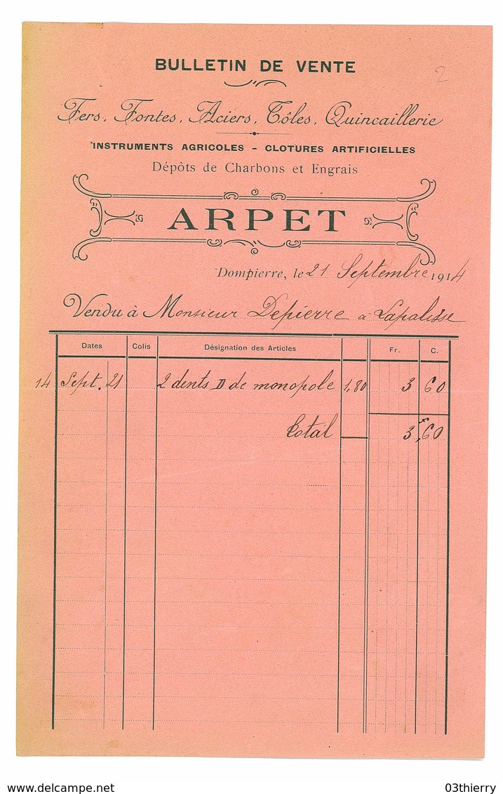 FERS FONTES ACIERS 1921 BULLETIN DE VENTE ARPET DOMPIERRE-SUR-BESBRES 03 - Agriculture