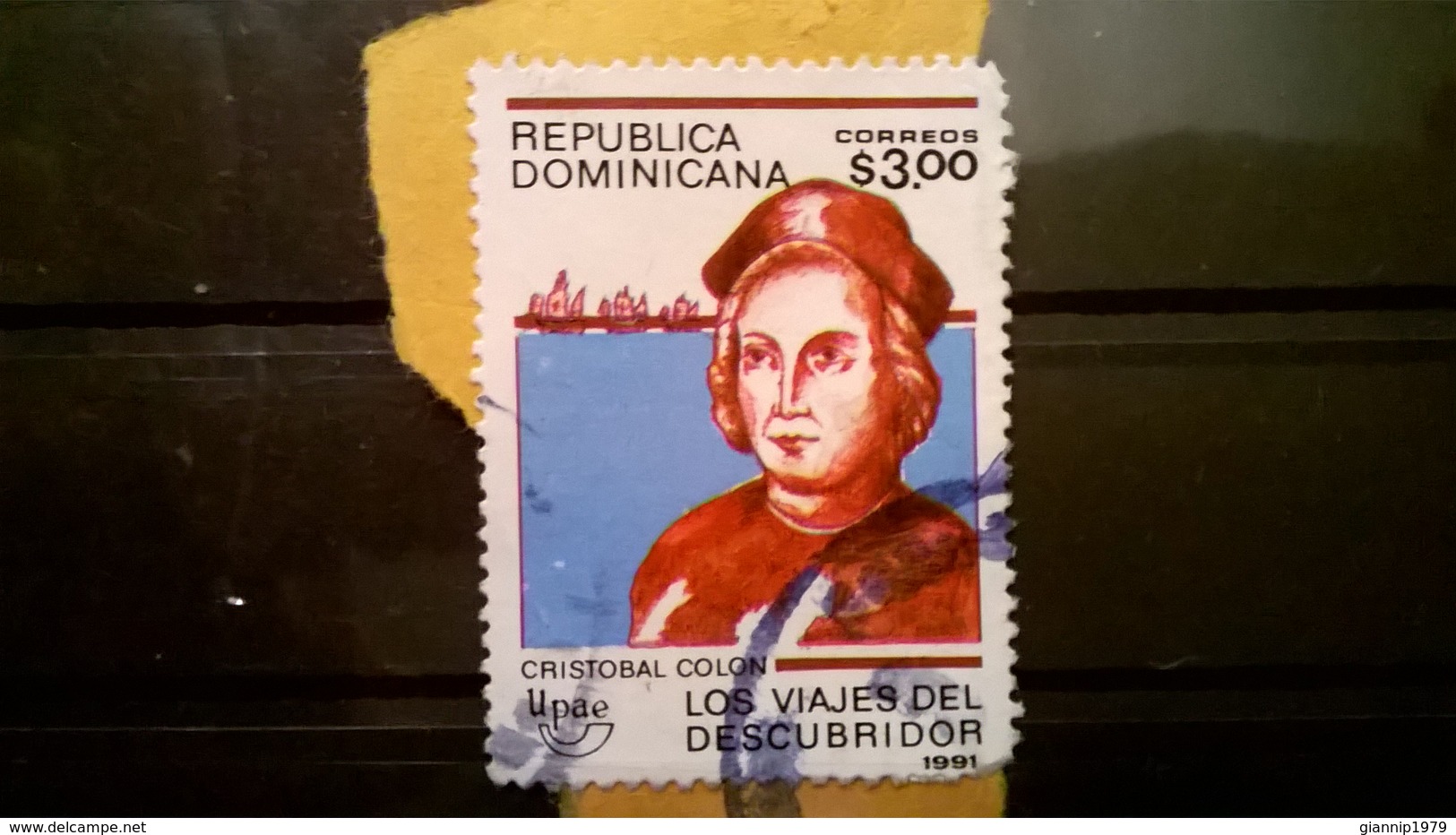 FRANCOBOLLI STAMPS REPUBBLICA DOMINICANA 1991 SERIE VIAGGI AMERICANI CRISTOFORO COLOMBO SU FRAMMENTO FRANGMENT - Repubblica Domenicana