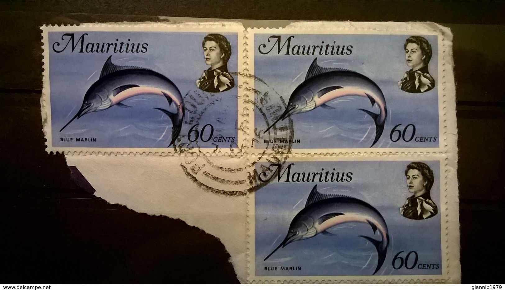 FRANCOBOLLI STAMPS MAURITIS 1969 SERIE MARINE LIFE VITA MARINA BLUE MARLINI SU FRAMMENTO FRANGMENT - Mauritius (1968-...)