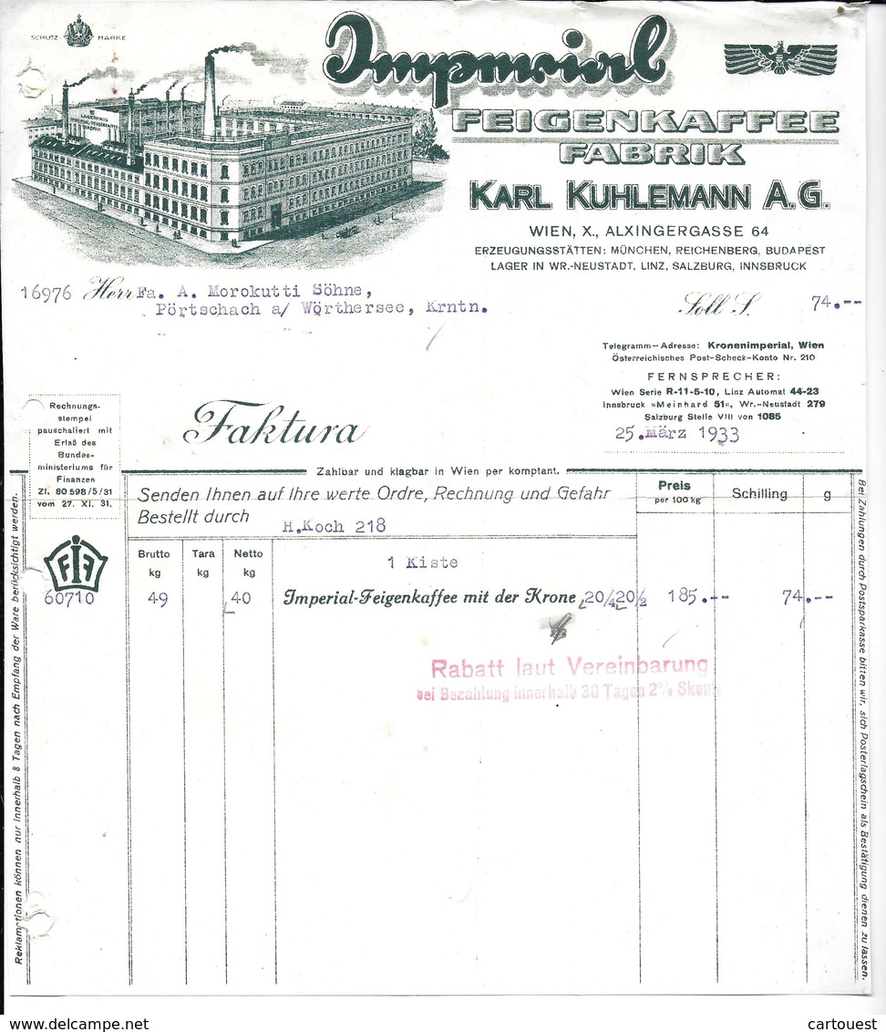 WIEN,1933 IMPERIAL FEIGENKAFFEE FABRIK  - KARL KUHLEMANN  Invoice Faktura - Austria Wien - Austria