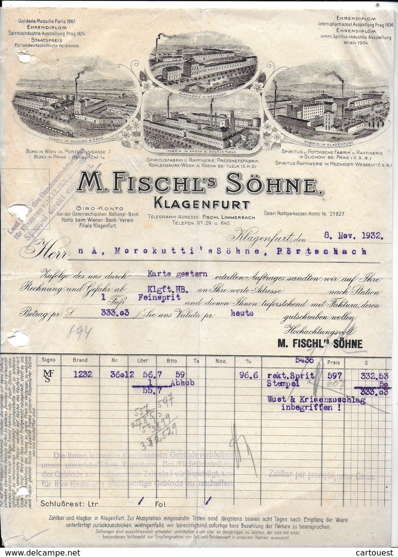 Klagenfurt,1932 M FISCHL'S SÖHNE  - Spiritus RAFFINERIE  Invoice Faktura - Austria Klagenfurt ( Gravure Train Vapeur ) - Österreich