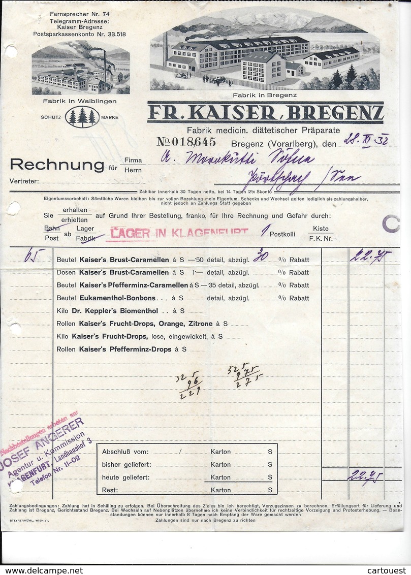 BREGENZ,1932 FR. KAISER BREGENZ - Fabrik Medicin Diätetischer Präparate  Invoice Faktura - Austria BREGENZ - Austria