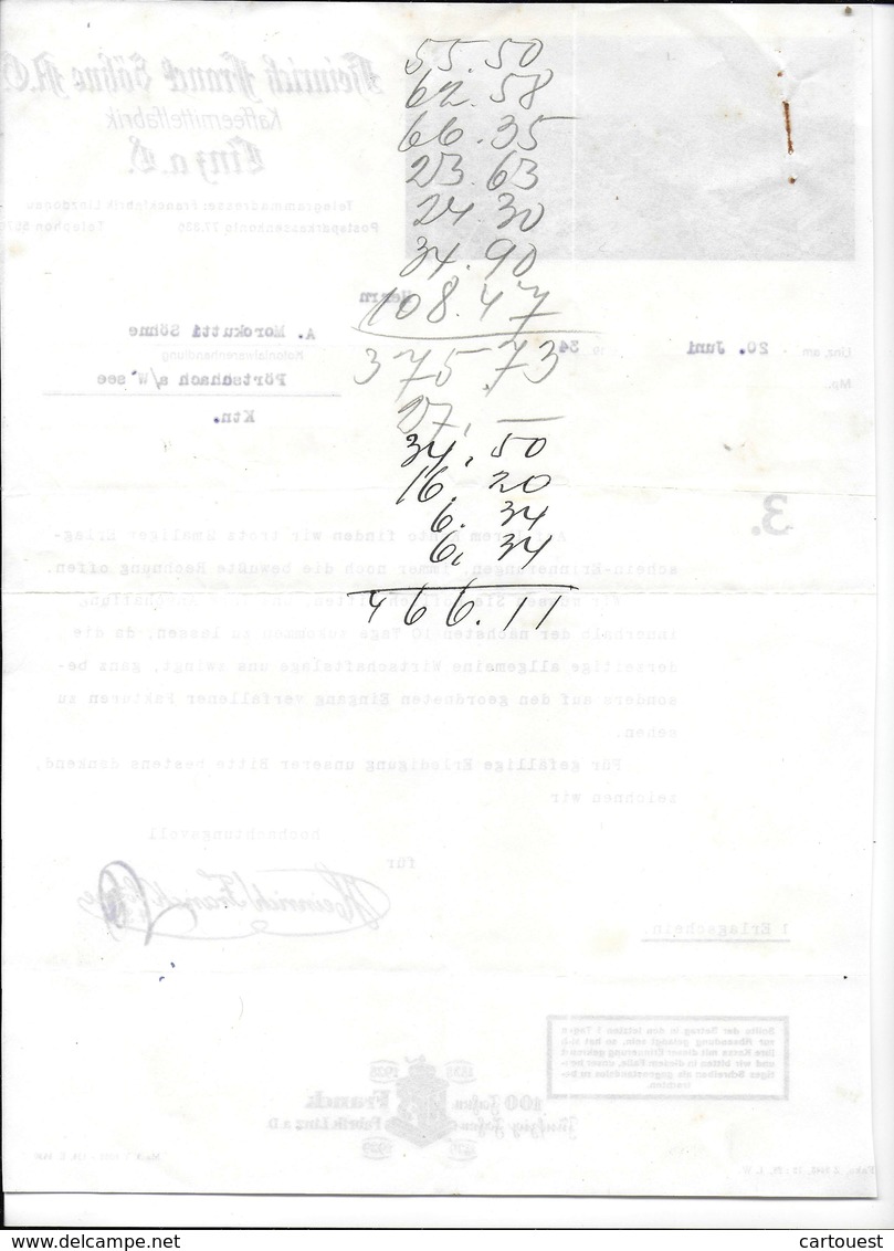 LINZ,1934 HEINRICH FRANCK SÖHNE A.G. - Kaffemittelfabrik LINZ A.D.  Invoice Faktura - Austria LINZ - Austria