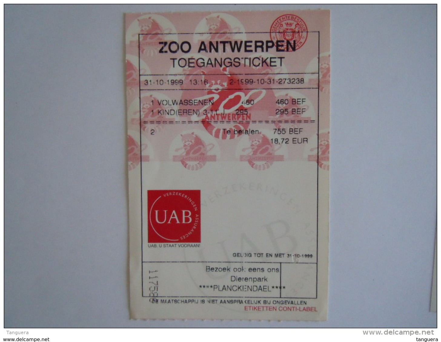 Ticket ZOO Antwerpen 1999 - Eintrittskarten