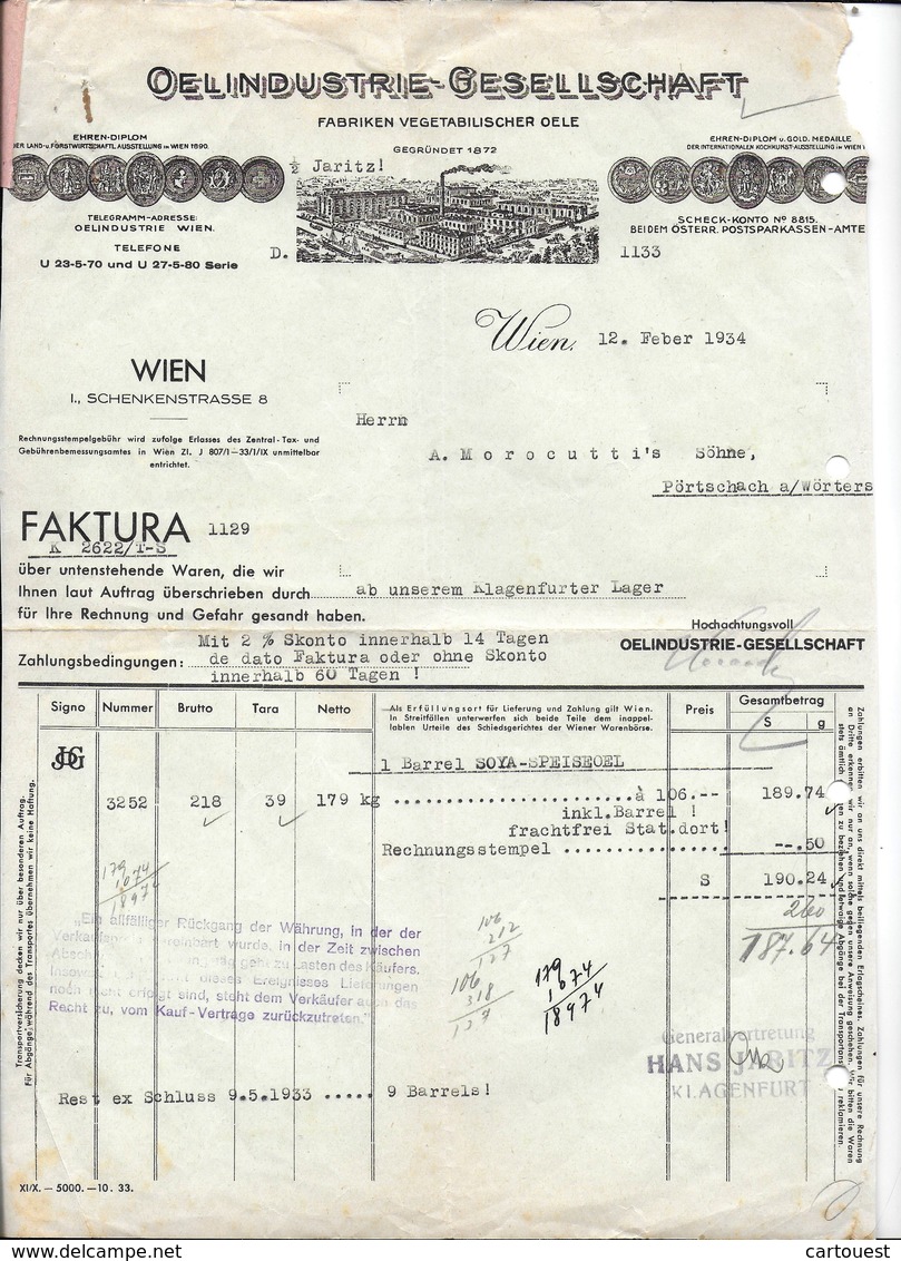 WIEN 1934 OELINDUSTRIE GESELLSCHAFT - FABRIKEN VEGETABILISCHER OELE  Invoice Faktura - Austria Göss - Autriche