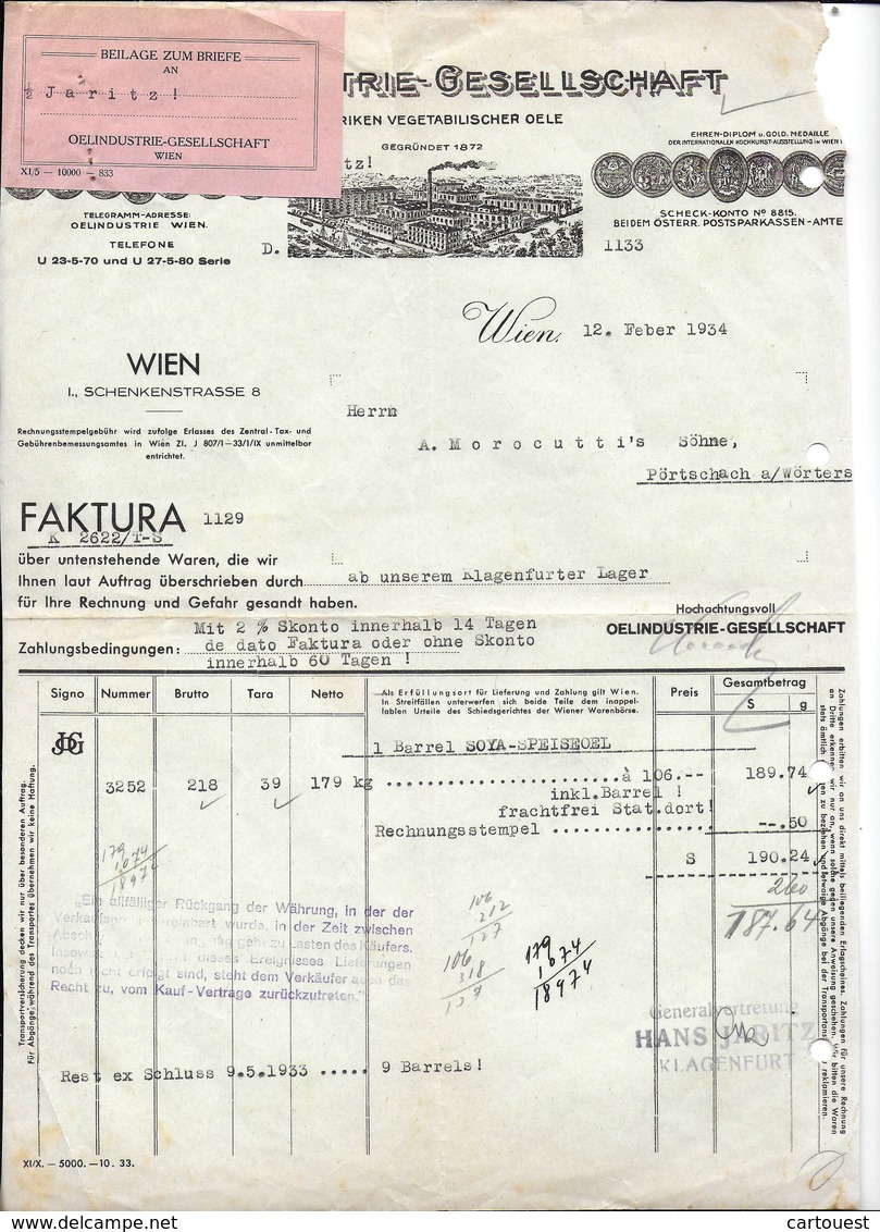 WIEN 1934 OELINDUSTRIE GESELLSCHAFT - FABRIKEN VEGETABILISCHER OELE  Invoice Faktura - Austria Göss - Autriche