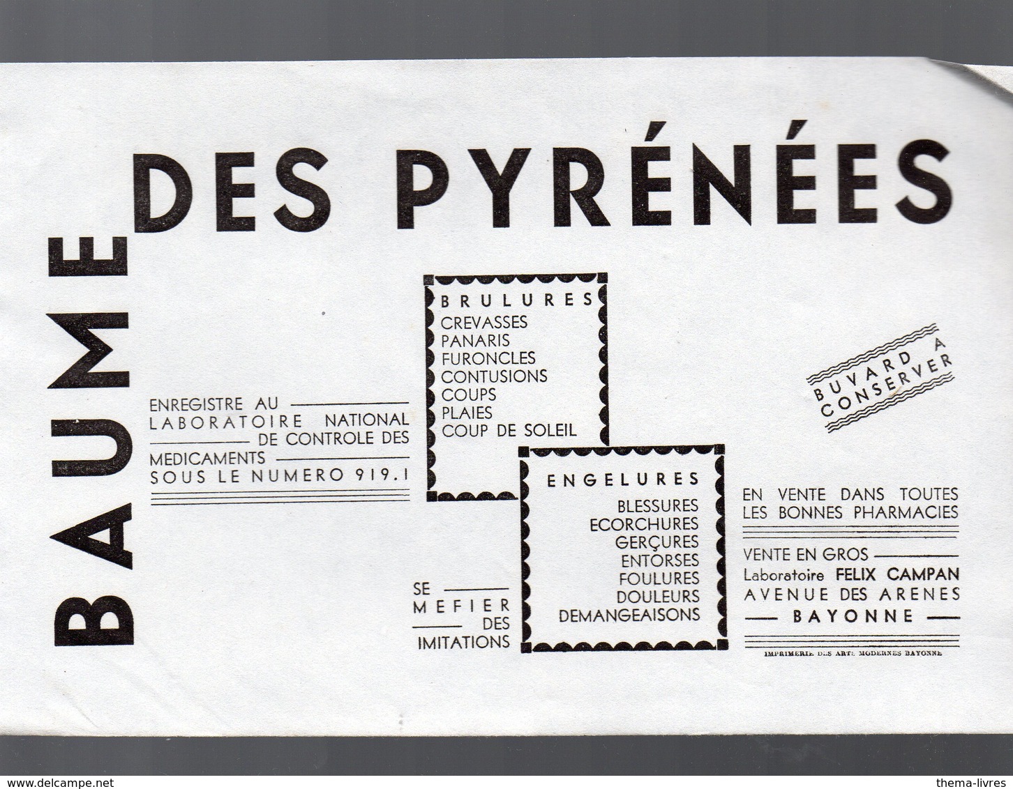Bayonne (64 Pyrénées Atlantiques) Buvard BAUME DES PYRENEES  (PPP8613) - Chemist's