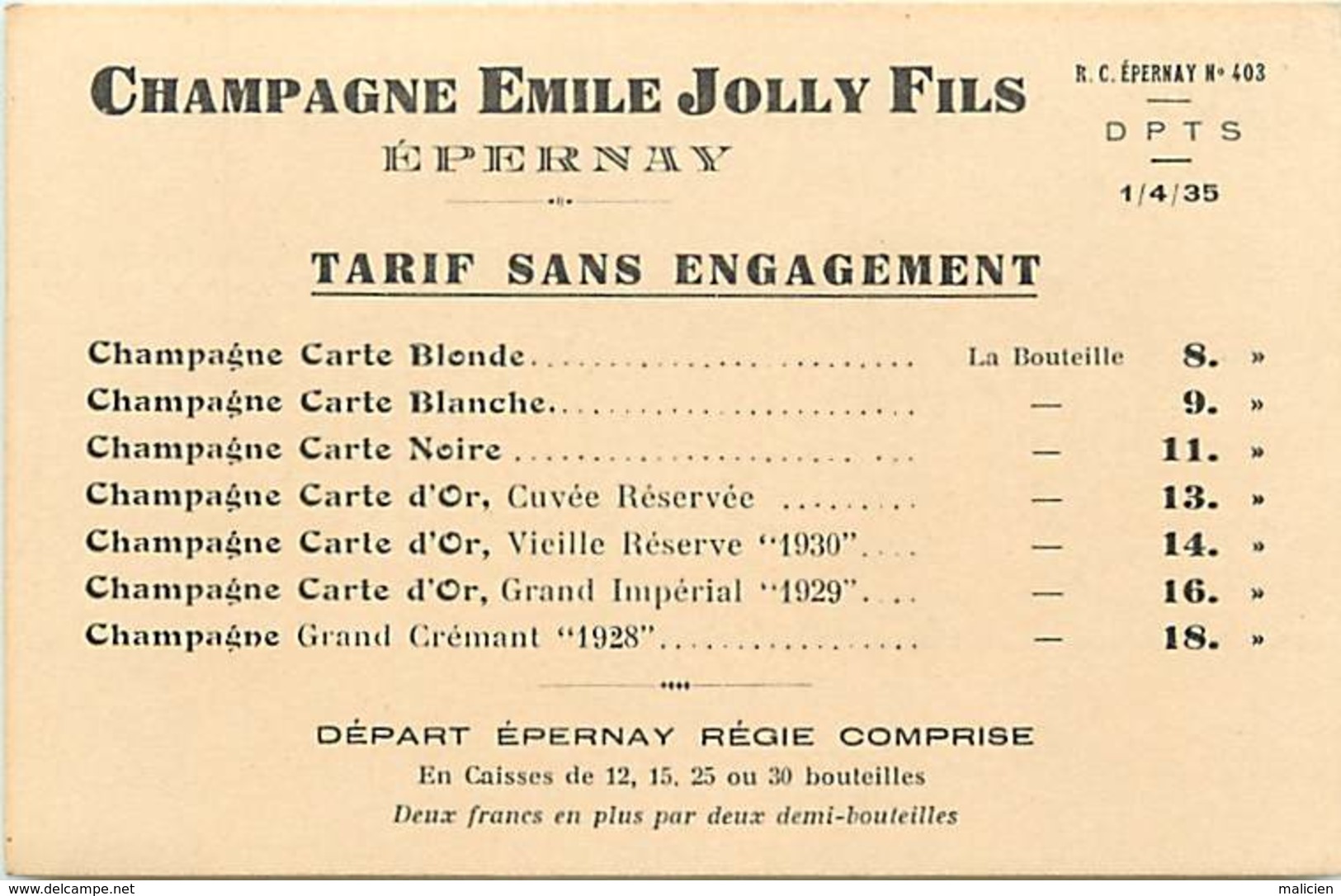 - Dpts Div.-ref-AD738- Marne - Epernay - Carton Tarifs Champagne Emile Jolly Fils - Vin - Vins - Alcool - Publicités - - Epernay