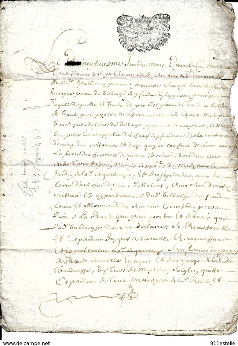 Cachets Generalité ACTE 19 AVRIL 1697  ,  PAPIER  AVEC  PHILIGRAMME - Manuscrits