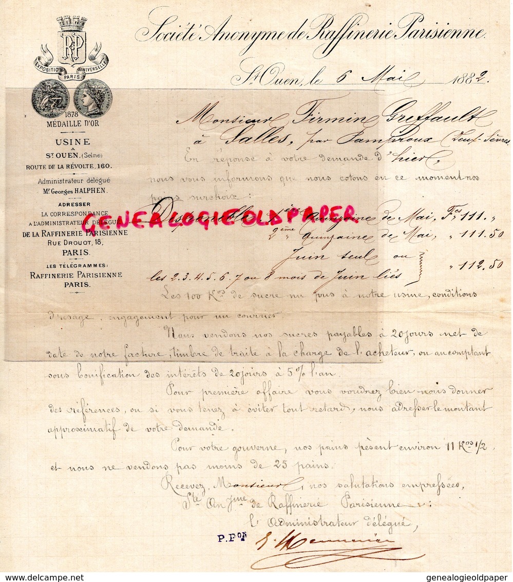 93- ST SAINT OUEN- RARE LETTRE SOCIETE ANONYME RAFFINERIE PARISIENNE-1882- USINE 160 ROUTE LA REVOLTE-PARIS DROUOT - Old Professions