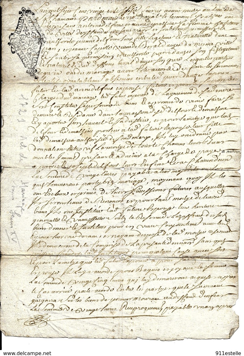 63 RIOM .Cachets Generalité ACTE  De  MARIAGE Fait à  RIOM 63   En   1721 - Manuscrits