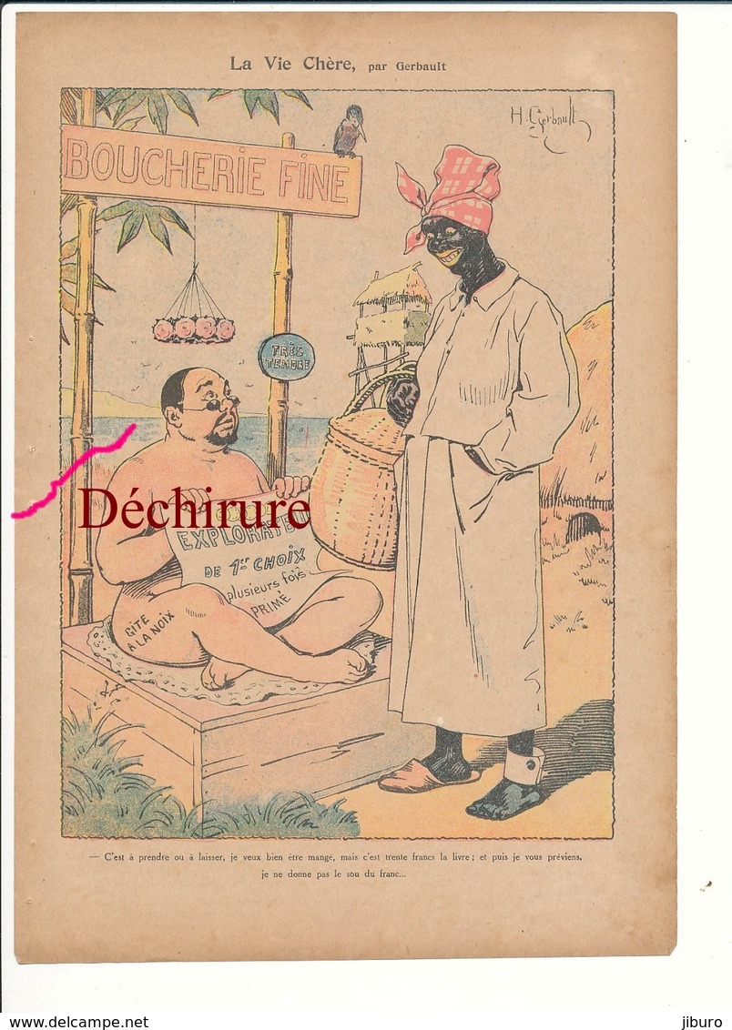 Gravure Presse 1920 Humour Boutique Boucherie Fine Viande Explorateur Afrique Cannibalisme Gite à La Noix 223CH3 - Non Classés