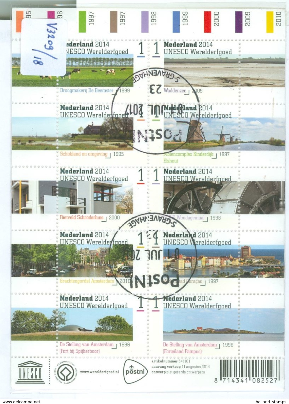 Nederland GEBRUIKT * NVPH Nr.  V 3209 - 3218 * BLOK BLOC BLOCK * 10 X 1 * UNESCO - Used Stamps