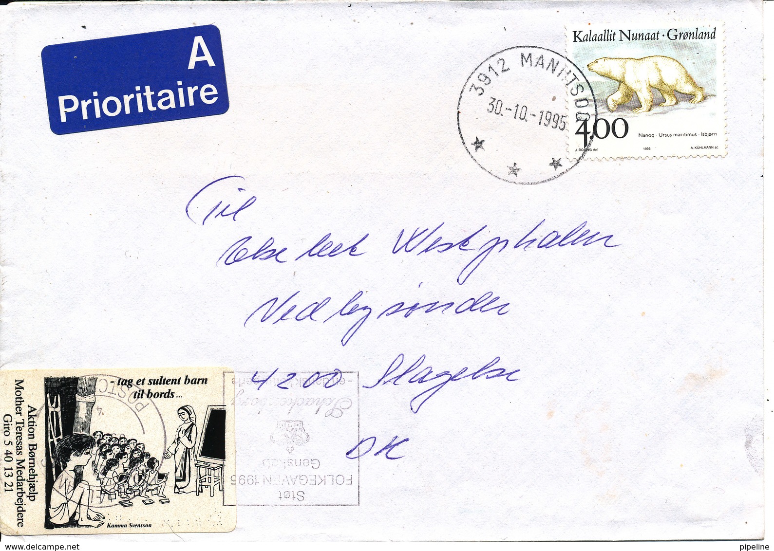 Greenland Cover Sent To Denmark Maniitsoq 30-10-1995 Single Franked - Covers & Documents