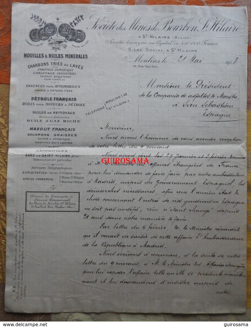 Lettre De La Société Des Mines De Bourbon-Saint-Hilaire (Allier) De 1913 Pour Cia De Asfaltos De Maestre San Sebastian - Espagne