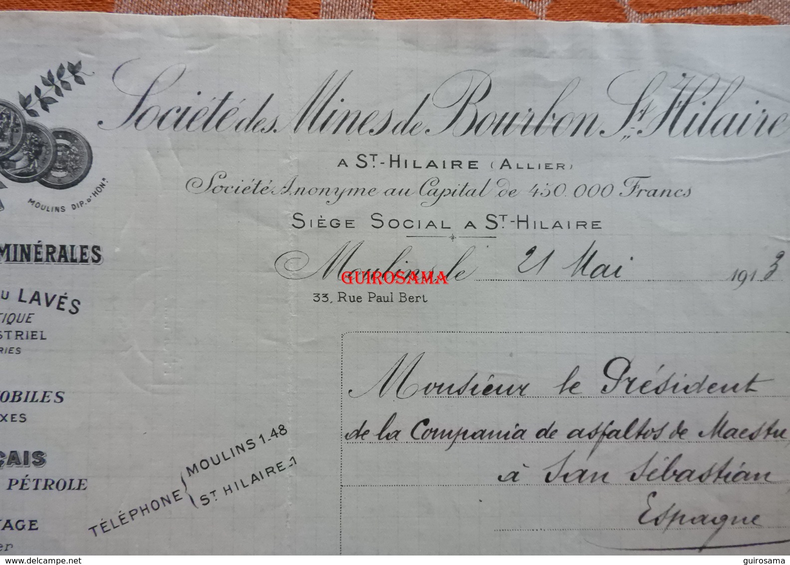 Lettre De La Société Des Mines De Bourbon-Saint-Hilaire (Allier) De 1913 Pour Cia De Asfaltos De Maestre San Sebastian - Espagne