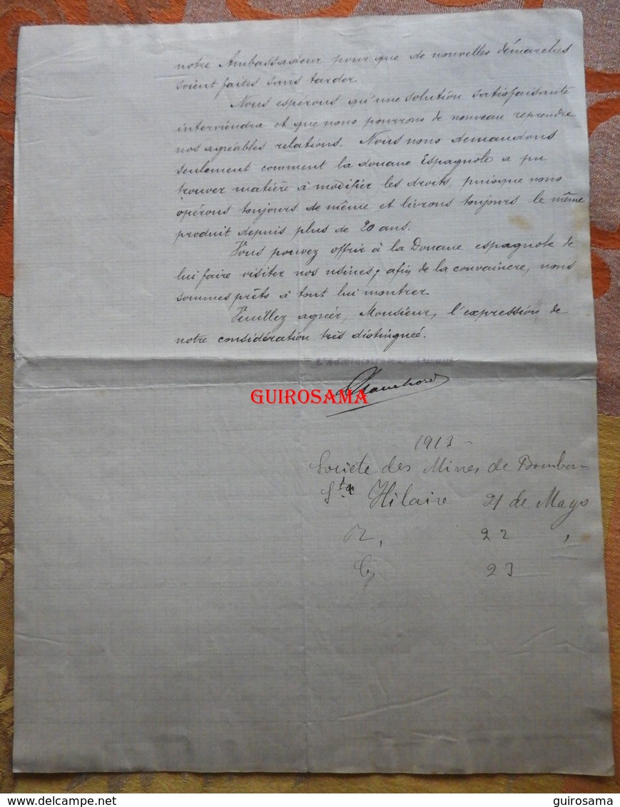 Lettre De La Société Des Mines De Bourbon-Saint-Hilaire (Allier) De 1913 Pour Cia De Asfaltos De Maestre San Sebastian - Espagne