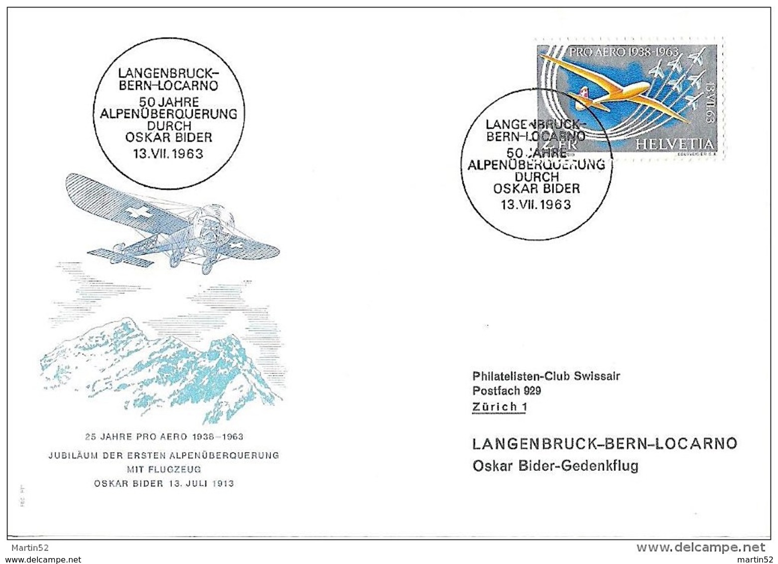 Schweiz Suisse 1963: PRO AERO Segelflieger Planeur Zu F46 Mi 780 Yv PA45 O LANGENBRUCK-BERN-LOCARNO (Zu CHF 7.50) - Lettres & Documents