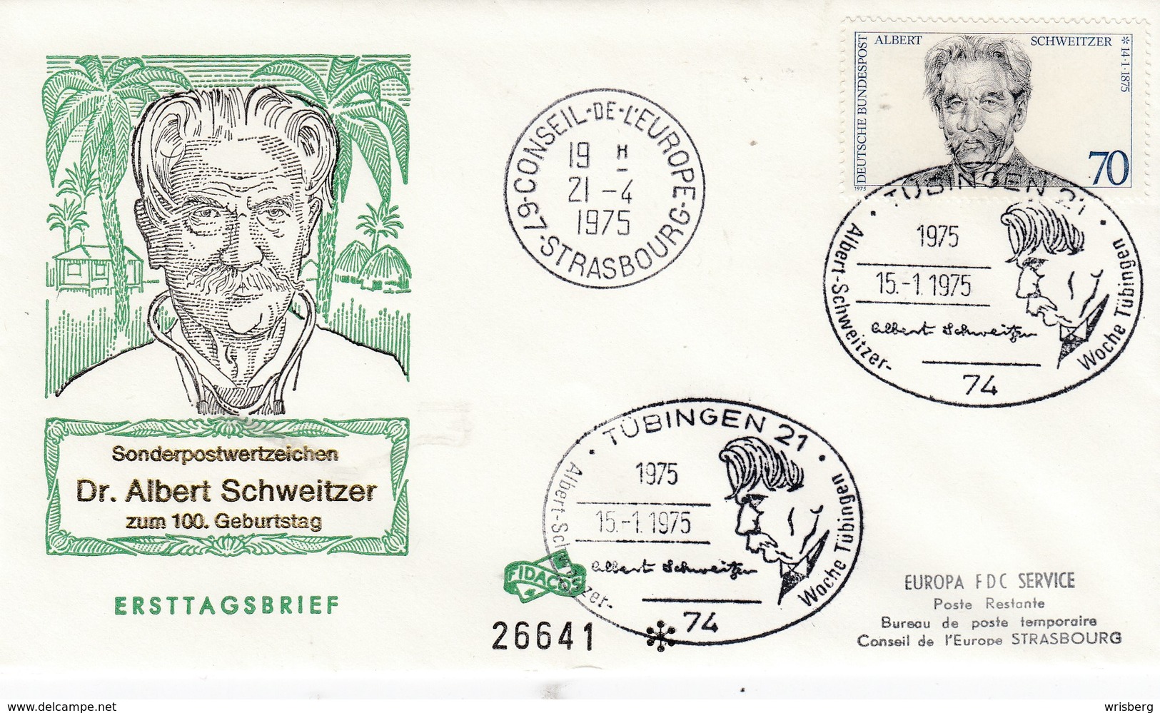 Env Affr Michel 830 Obl TÜBINGEN 21 Du 15.1.1975 Albert Schweitzer Woche Tübingen - Cartas & Documentos