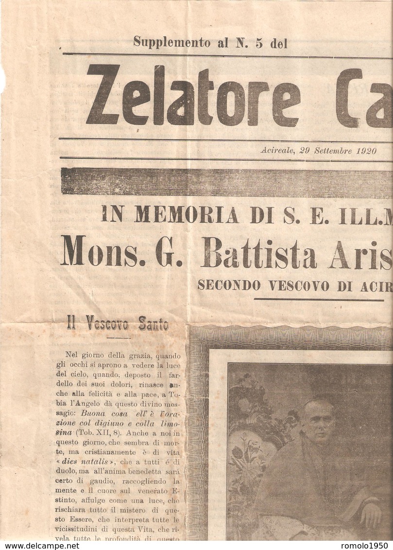 ACIREALE 29-SET.1920.ZELATORE CATTOLICO.IN MEMORIA DI MONS.G.B.ARISTA VIGO.SECONDO VESCOVO DI ACIREALE. - Documenti Storici