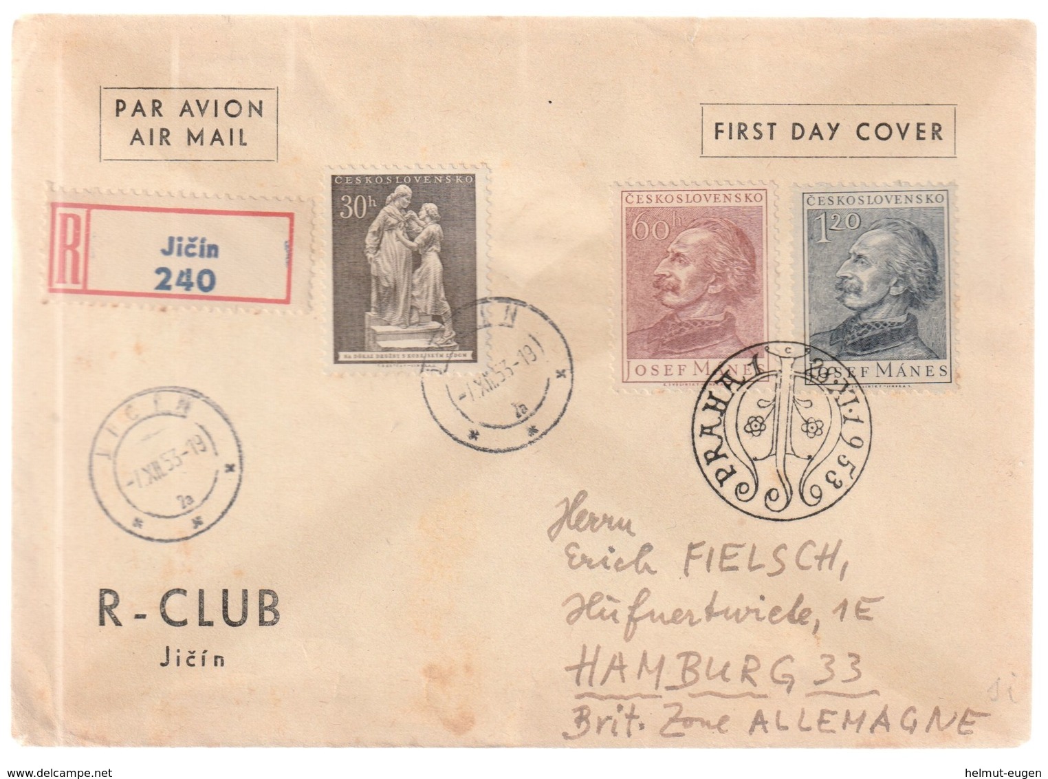 MiNr. 829 + 836 - 837 Tschechoslowakei / 1953, 11. Okt. Solidarität Mit Korea., 1953, 28. Nov. Josef Mánes - Briefe U. Dokumente