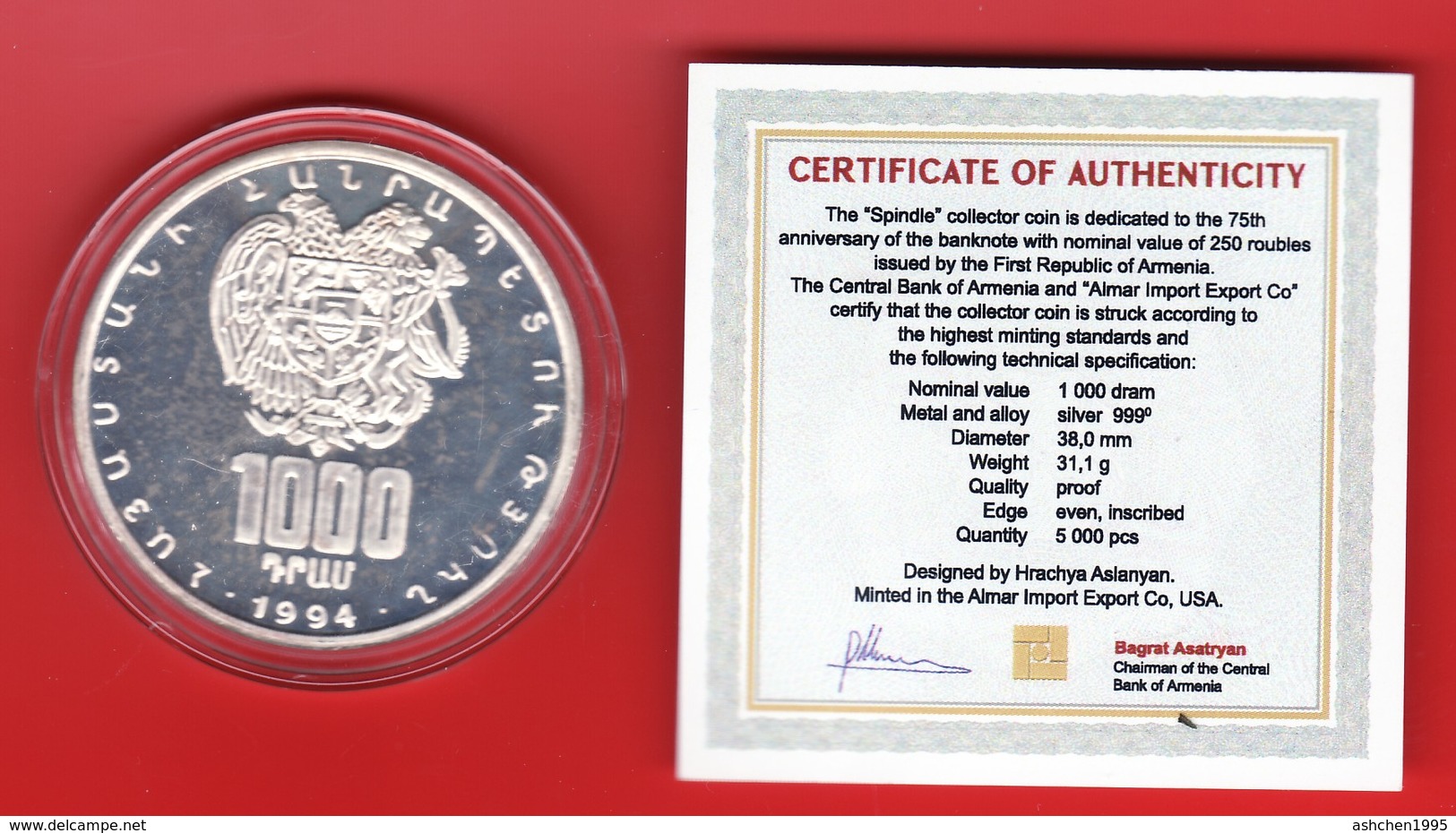 Armenien / Armenie / Armenia 1994, 75th Anniversary Of The 1st Banknote, Silver Coin, 1000 Dram - Proof - Arménie