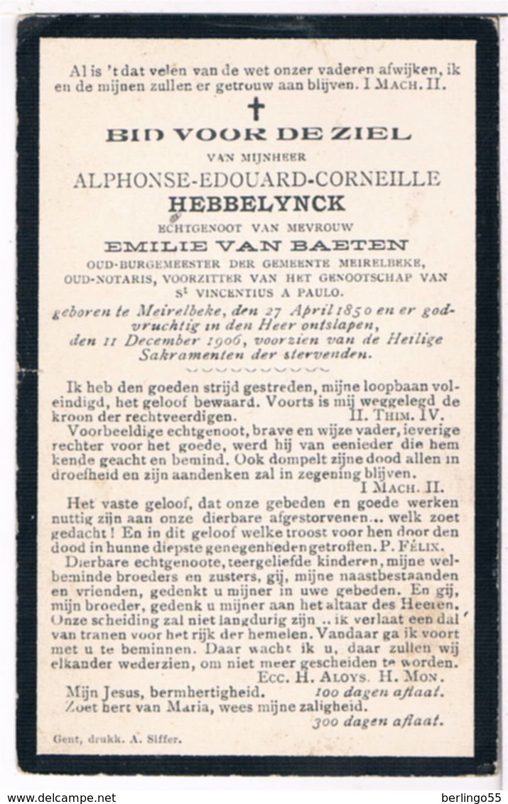 Dp. Oud-Burgemeester. Hebbelynck Alphonse. Echtg. Van Baeten Emilie. ° Meirelbeke 1850 † Meirelbeke 1906 (2 Scan's) - Religion & Esotérisme