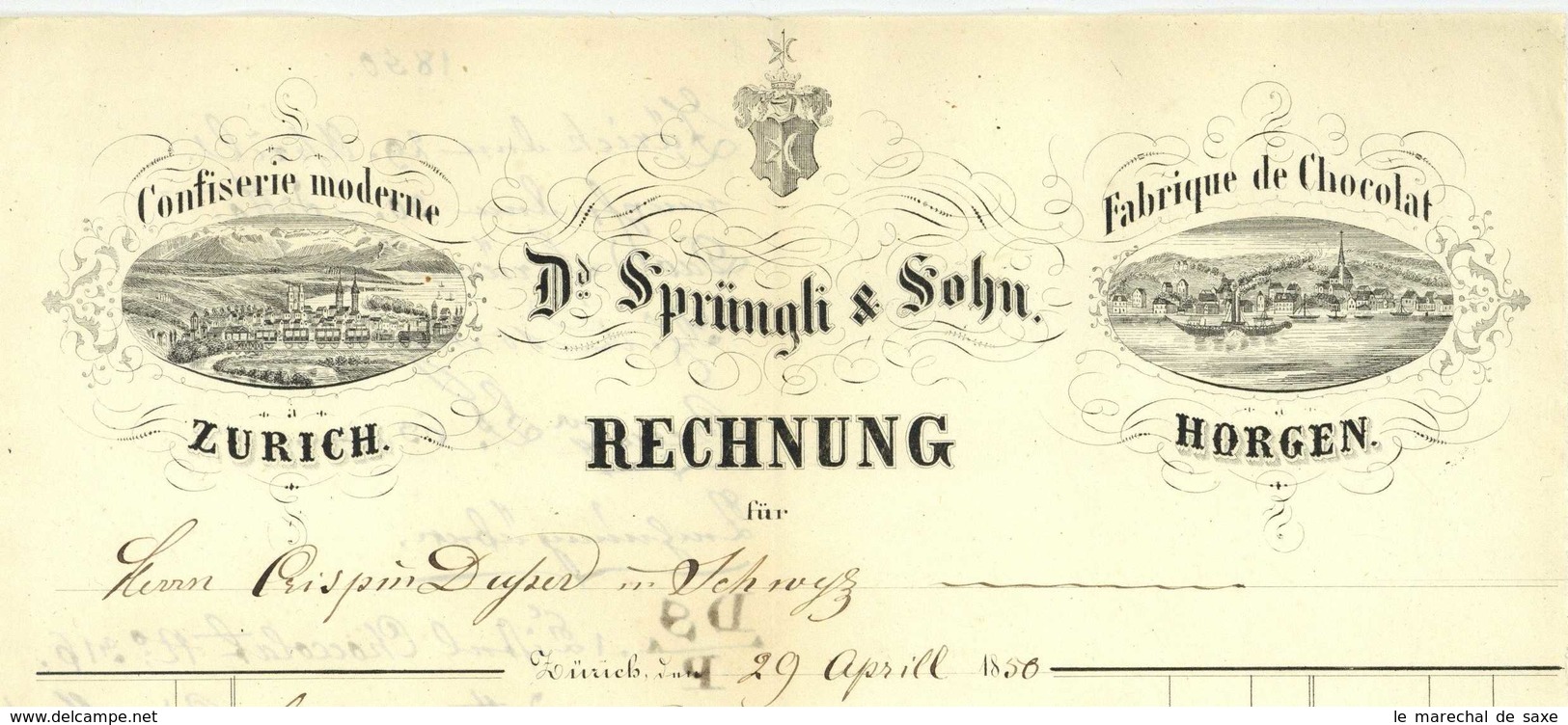 Zürich 1850 DAVID SPRÜNGLI & SOHN Dekorative Rechnung Suisse Schweiz Zurich Chocolat Schokolade - Switzerland