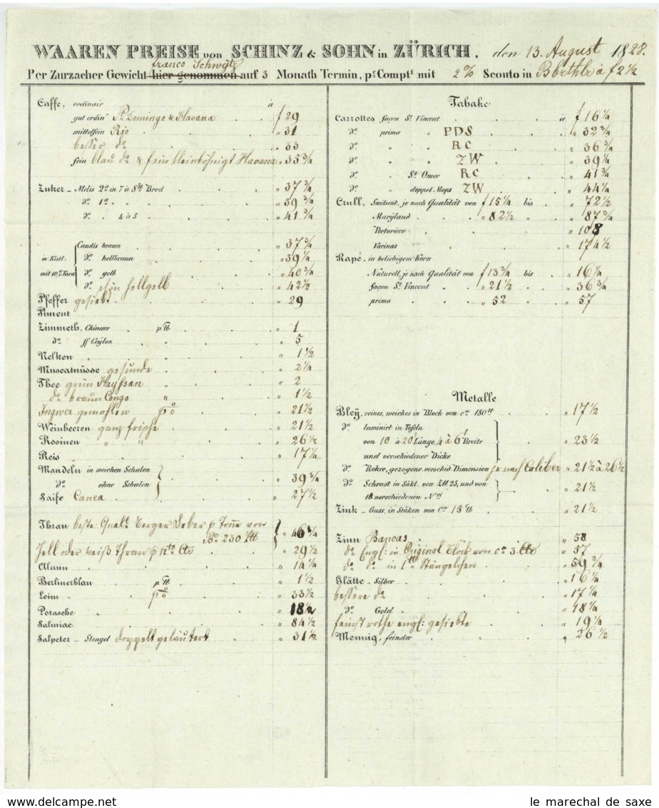 ZÜRICH Schweiz 1822 U. 1828 ZWEI Preislisten Schinz & Sohn U.a. Suisse Zurich - Reclame