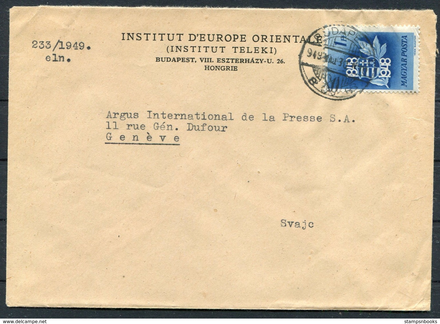 1949 Hungary Budapest  European Oriental Institute / Institut Teleki Cover - Argus Press Agency, Geneva Switzerland - Covers & Documents