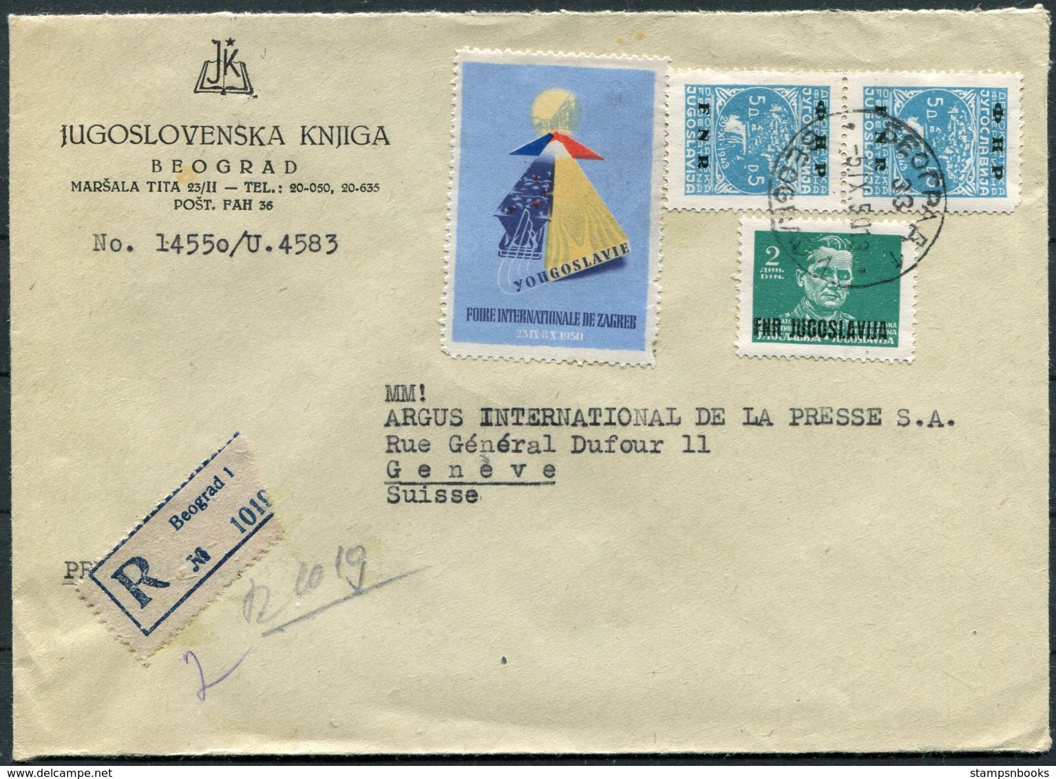 1951 Beograd Registered Jugoslovenska Knjiga Cover - Argus Press Agency, Geneva Switzerland. International Fair Vignette - Covers & Documents