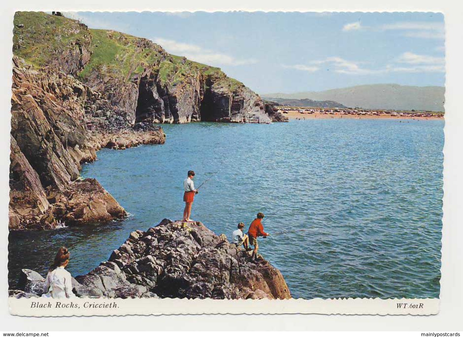 AJ79 Black Rocks, Criccieth - Children Fishing - Caernarvonshire