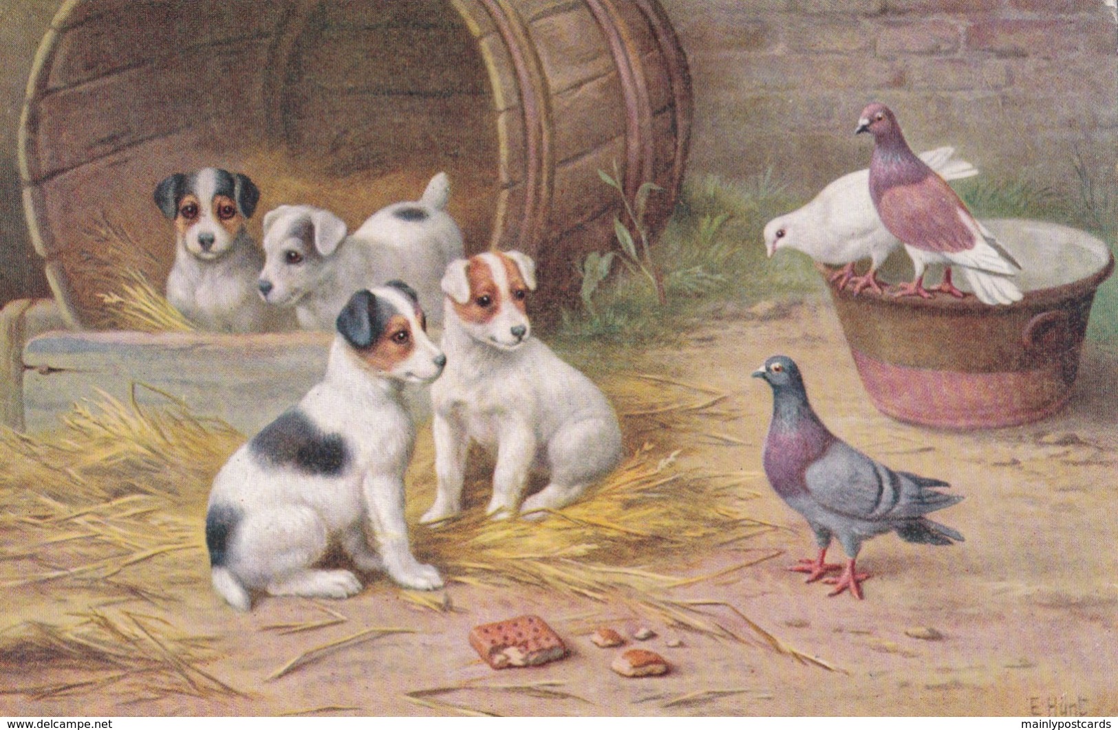 AP19 Artist Signed E. Hunt - Dogs And Pigeons - Andere & Zonder Classificatie