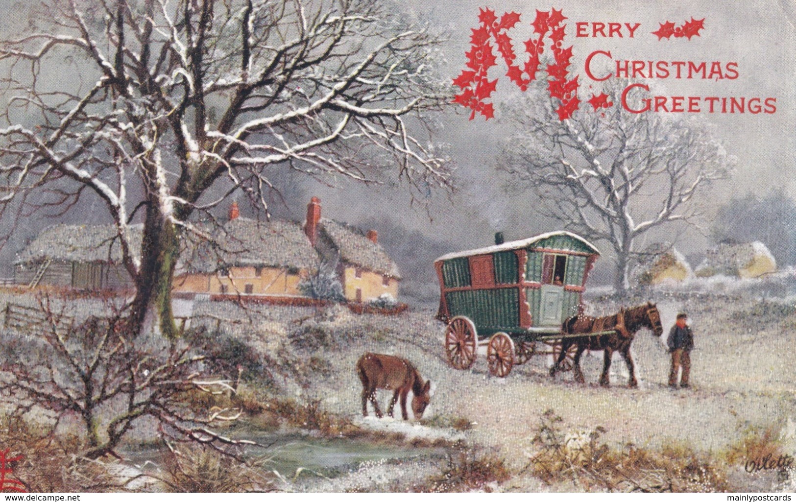 AR99 Greetings - Merry Christmas Greetings, Snow, Horse & Caravan, Tuck Oilette, Glitter - Other & Unclassified