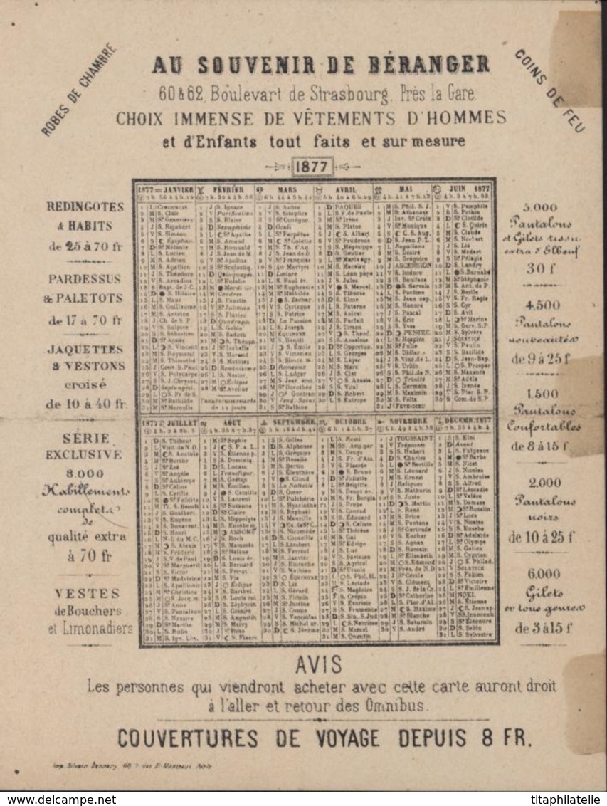 Calendrier Publicitaire 1877 Au Souvenir De Béranger Vêtements Sur Mesure Tailleurs Manufacturiers Draperie - Big : ...-1900