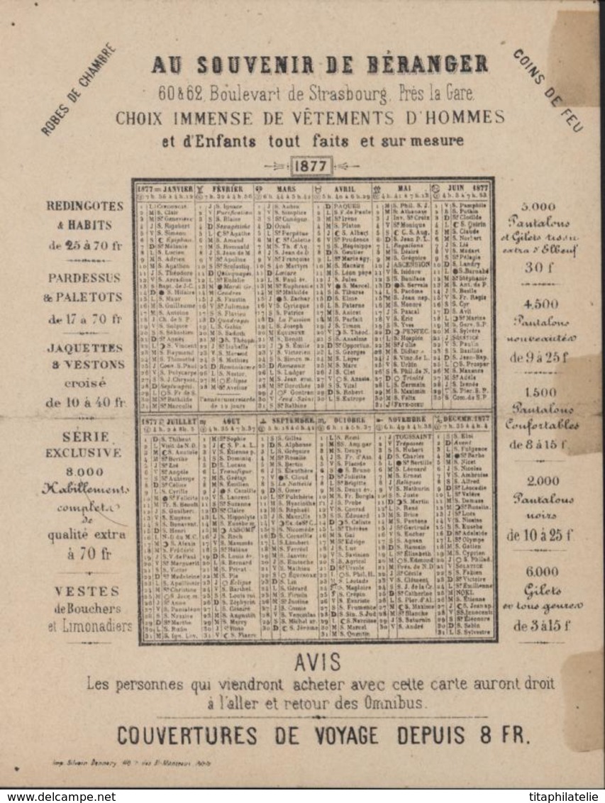 Calendrier Publicitaire 1877 Au Souvenir De Béranger Vêtements Sur Mesure Tailleurs Manufacturiers Draperie - Groot Formaat: ...-1900