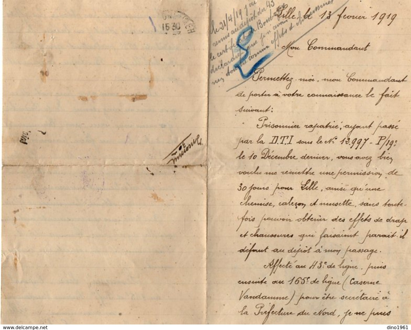 VP13.176 - Guerre 14 / 18 - Lettre Du Caporal L. LEMARIE Au 165 è Rgt D'Infanterie Caserne Vandamme LILLE - Documents