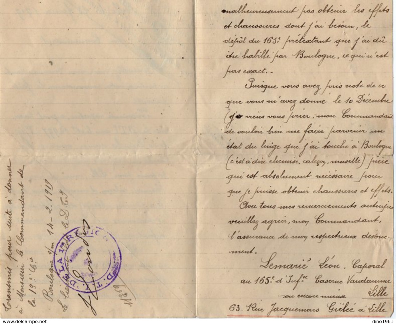 VP13.176 - Guerre 14 / 18 - Lettre Du Caporal L. LEMARIE Au 165 è Rgt D'Infanterie Caserne Vandamme LILLE - Documents