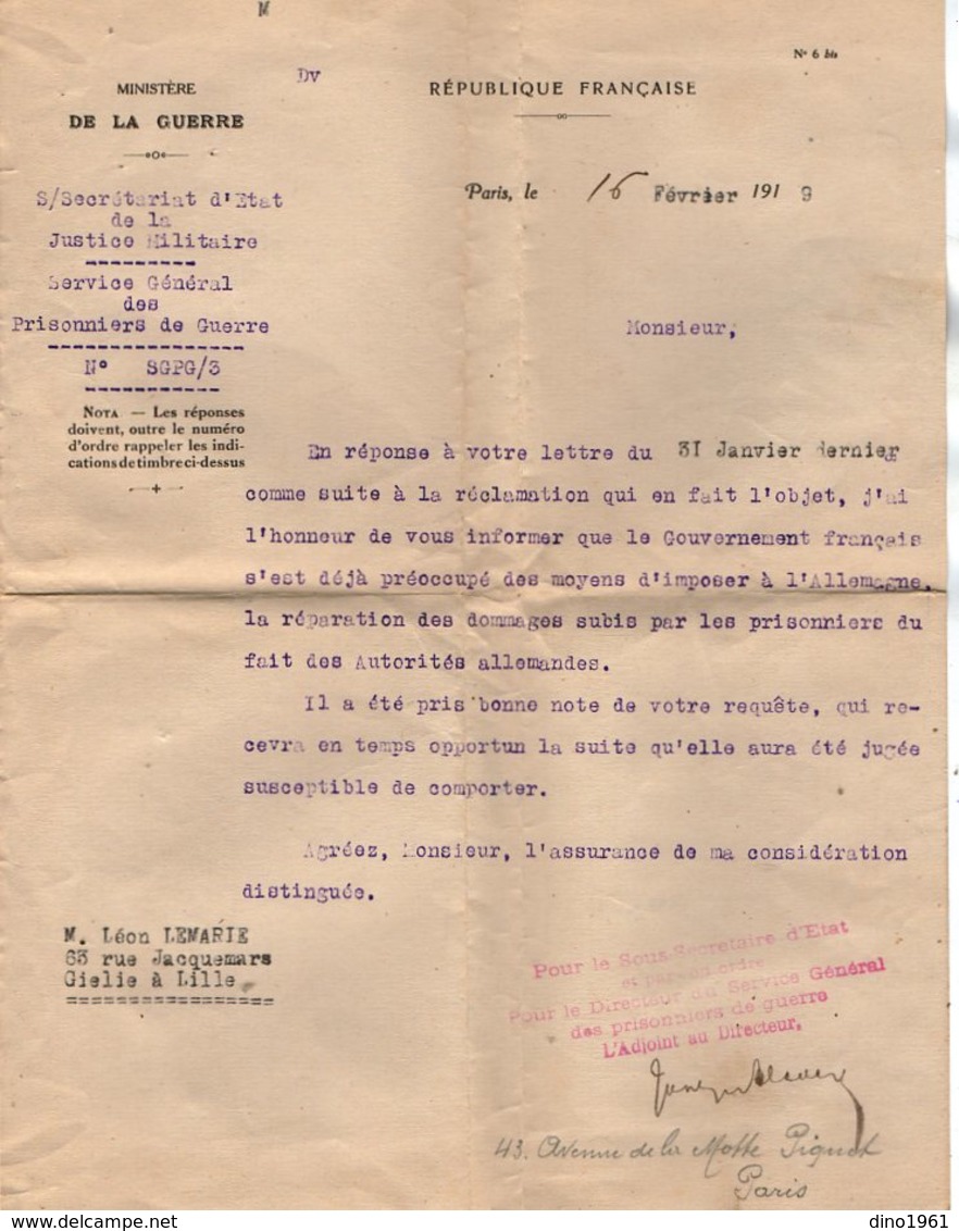 VP13.177 - PARIS - Guerre 14 / 18 - Lettre Du Ministère De La Guerre Service Des Prisonniers Pour Mr LEMARIE à LILLE - Documents