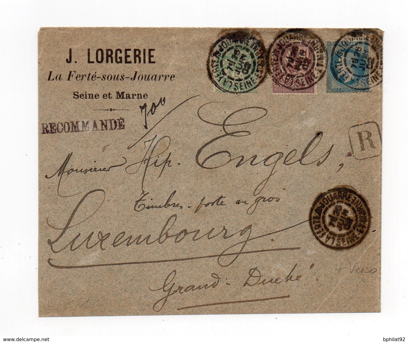 !!! PRIX FIXE : UTILISATION TARDIVE DU 20C EMPIRE SUR LETTRE RECO DE 1902 POUR LE LUXEMBOURG, TYPES BLANC AU DOS - Unused Stamps