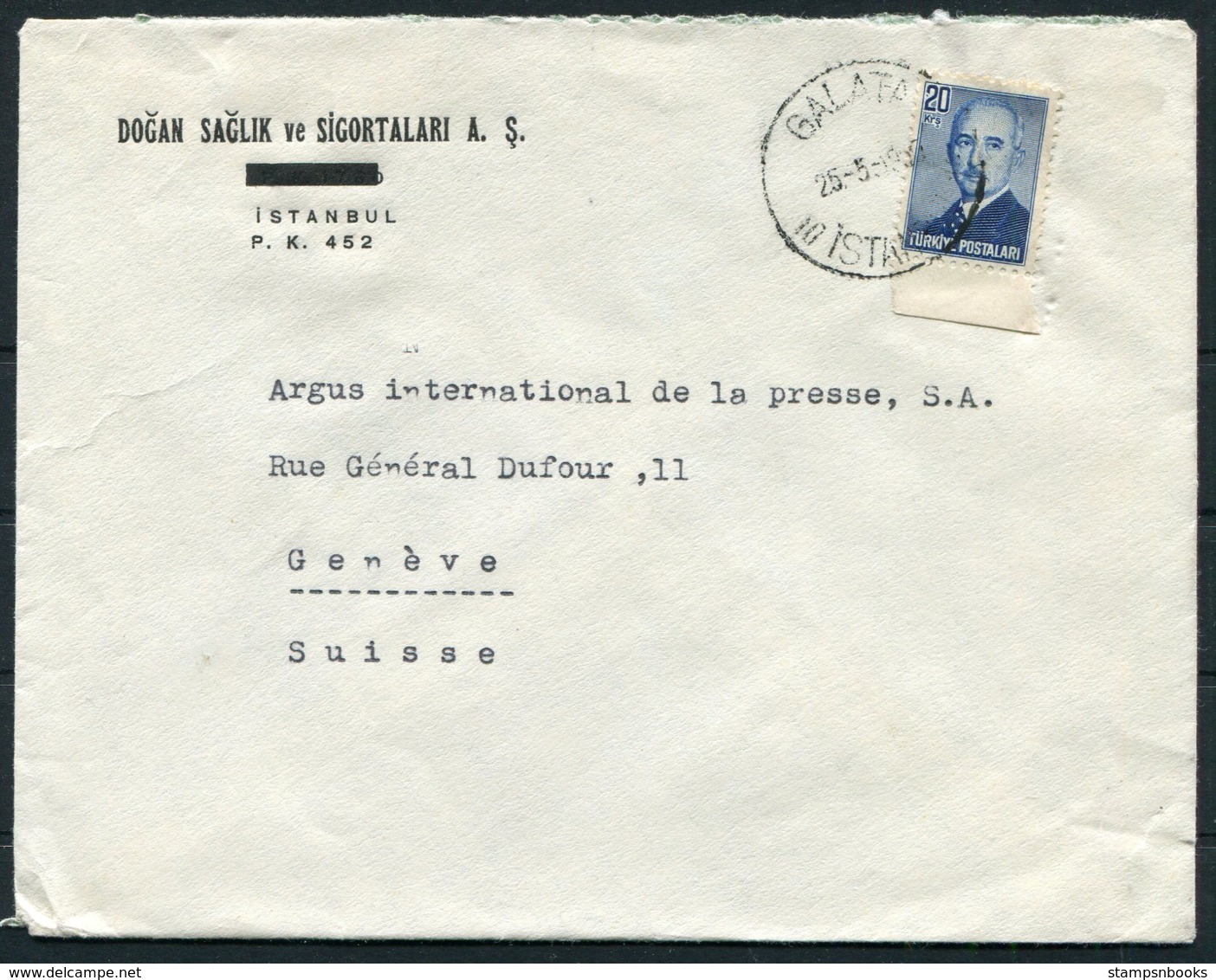 1949 Turkey Dogan Saglik Ve Sigortalari, Galata Cover - Argus Press Agency, Geneva Swizerland - Lettres & Documents